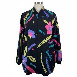 ALFRED DUNNER Vintage 90s Retro Black Neon Floral Sheer Zip Women’s Blouse sz 14
